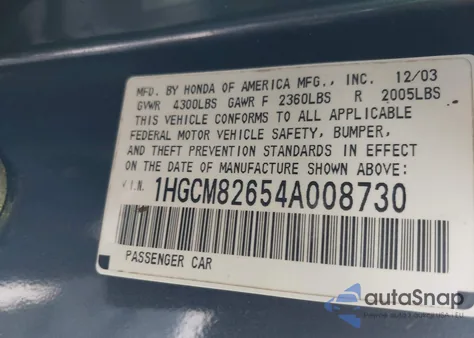 2004 Honda Accord 3.0 Ex z USA, uszkodzony, nr VIN 1HGCM82654A008730